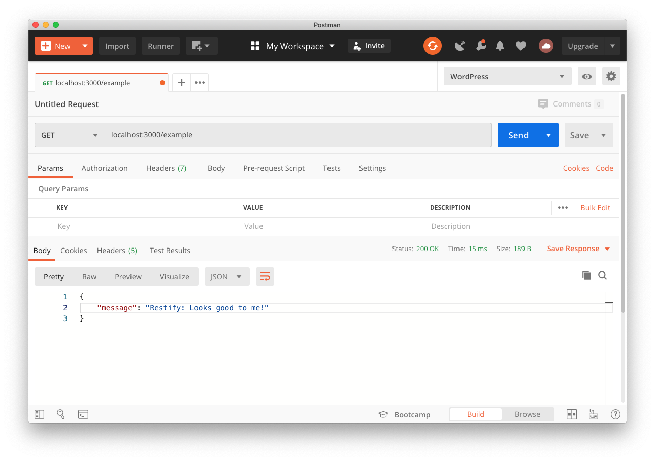 Screenshot of making a request to the Restify example API using Postman