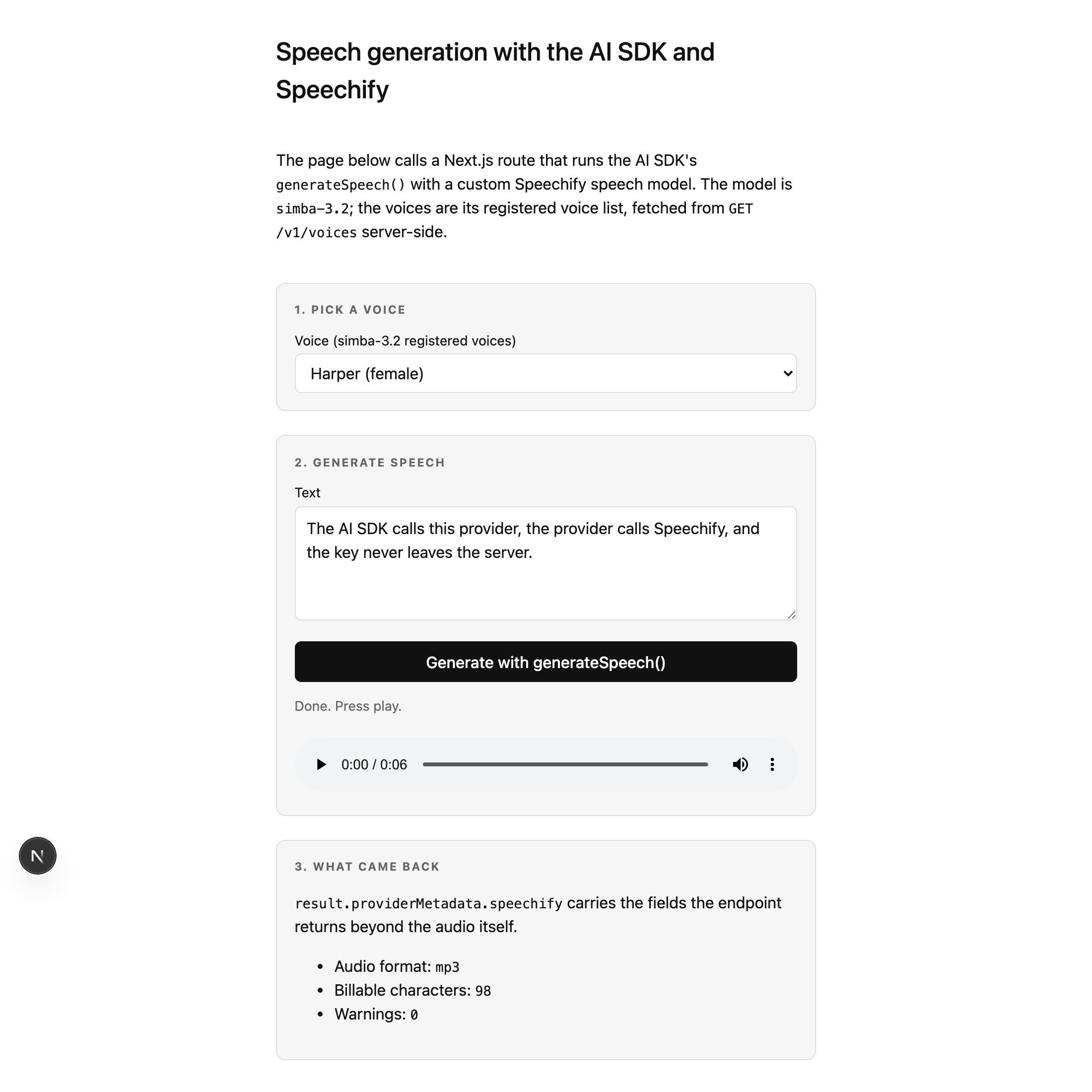 The demo after generating. The Generate speech step now shows an audio player, a status line reading ‘Done. Press play.’, and a ‘What came back’ step listing Audio format mp3, Billable characters 98, and Warnings 0.