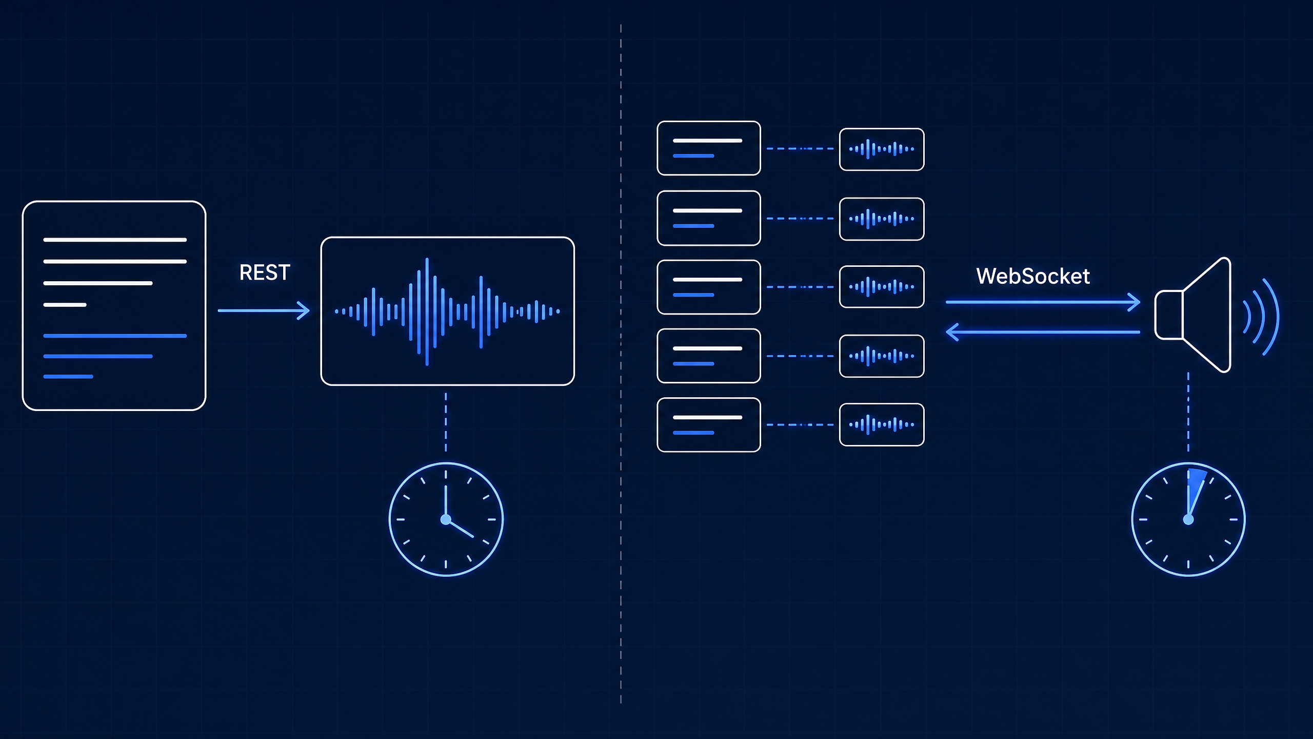 A diagram comparing REST and WebSocket protocols for TTS audio delivery. REST shows a single text block producing one complete audio waveform with a clock indicating delay. WebSocket shows multiple text fragments producing audio chunks that stream continuously to a speaker with minimal delay.